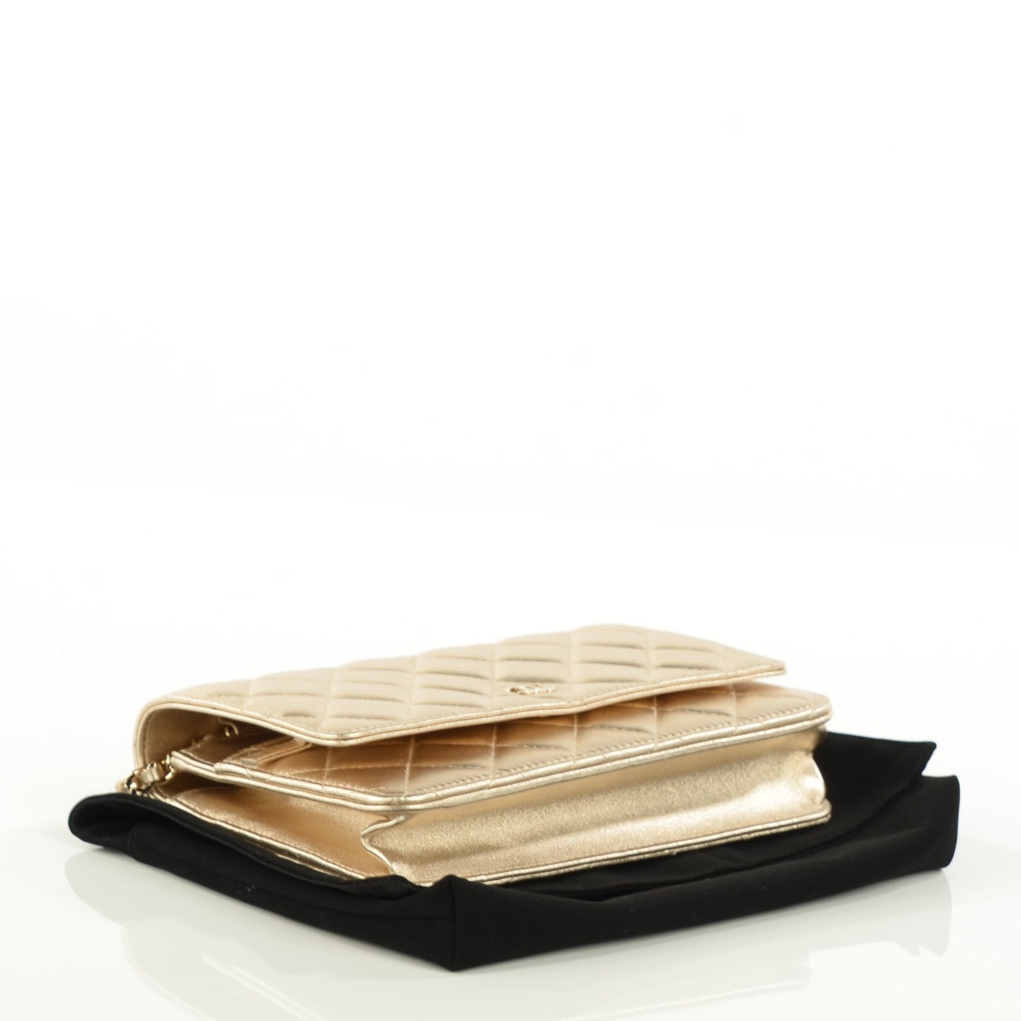 Metallic Lambskin Quilted Wallet On Chain WOC Gold