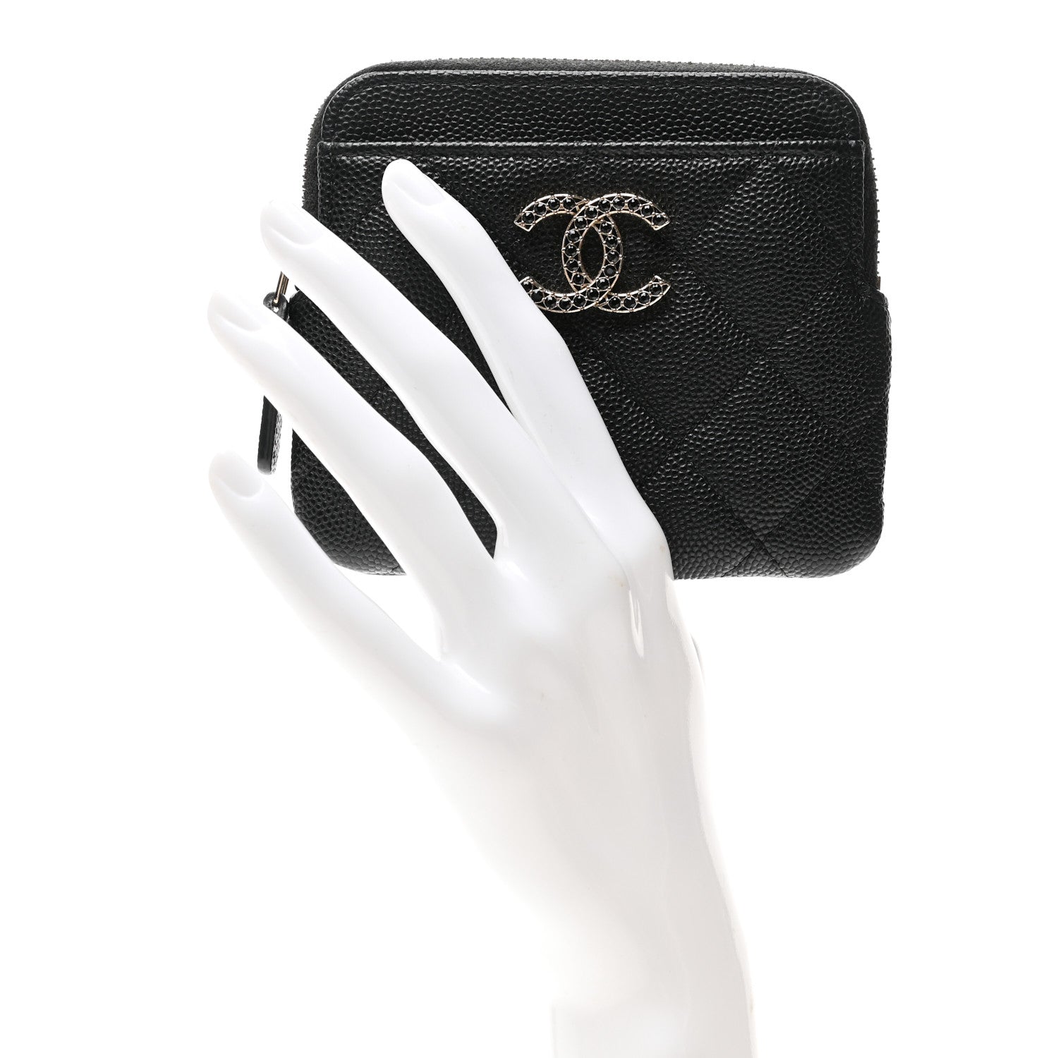 Chanel Caviar Quilted Crystal Zip Card Holder Wallet Black 2 of 8