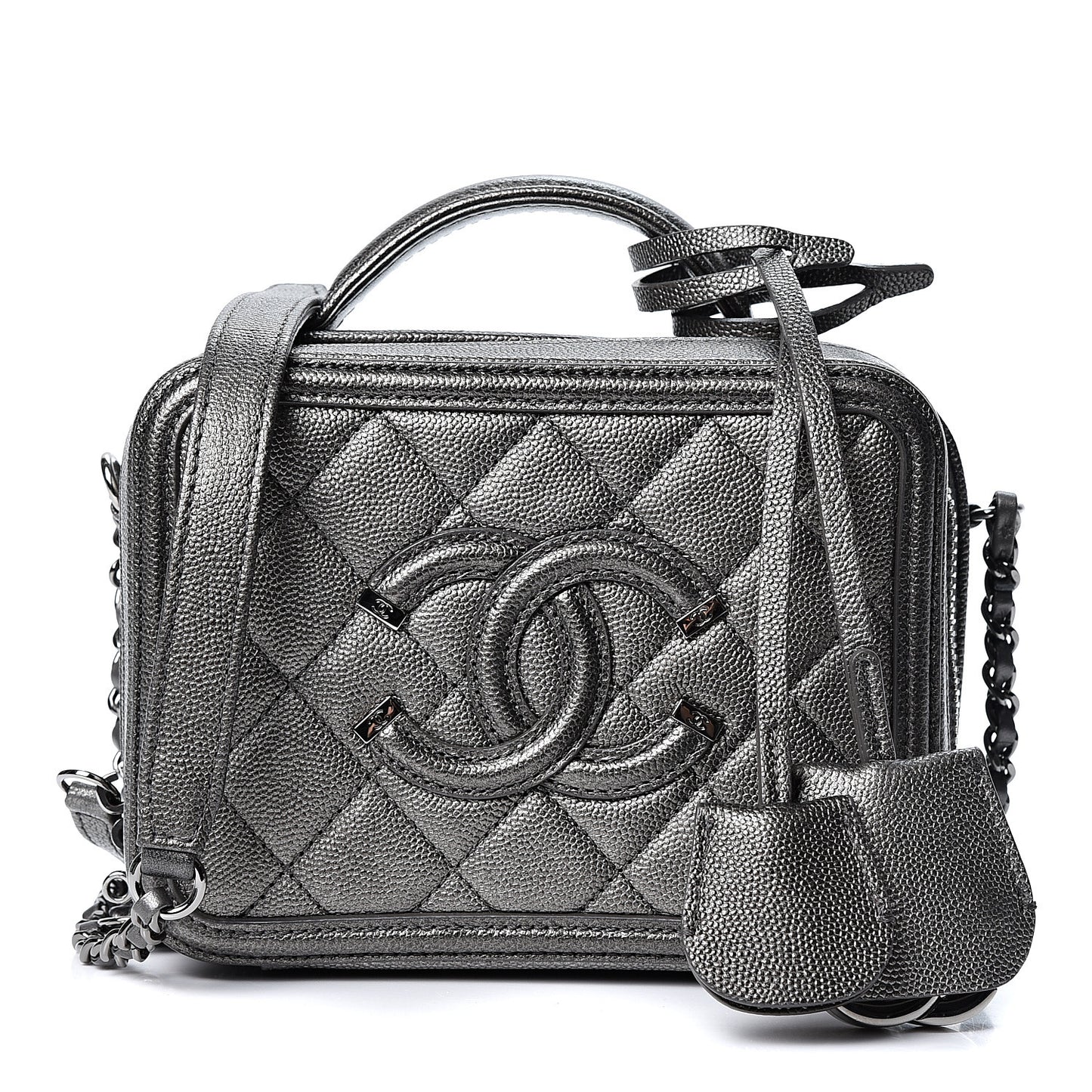 Caviar Quilted Small CC Filigree Vanity Case Dark Silver