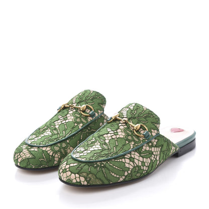 Gucci Lace Malaga Kid Womens Princetown Slippers 36.5 Green Grass Skin Rose 3 of 8