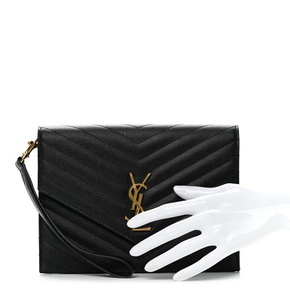 Saint Laurent Grain De Poudre Matelasse Chevron Monogram Envelope Clutch Black 2 of 8