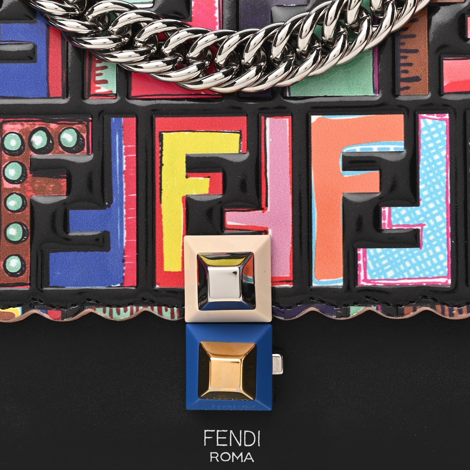 Fendi Vitello Liberty Fun Fair Embossed Scalloped Small Kan I Shoulder Bag Black Multicolor 8 of 10