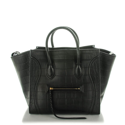 Celine Crocodile Embossed Calfskin Medium Phantom Luggage Black 1 of 8