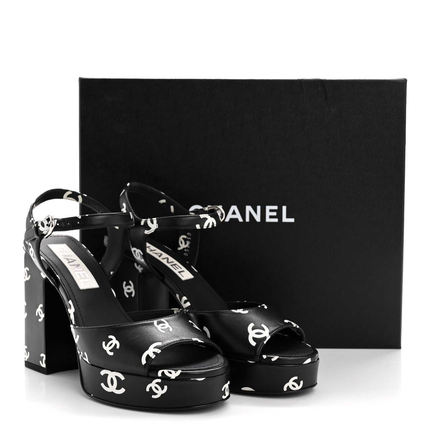 Chanel Printed Lambskin CC Platform Sandals 37 Black White 1817591