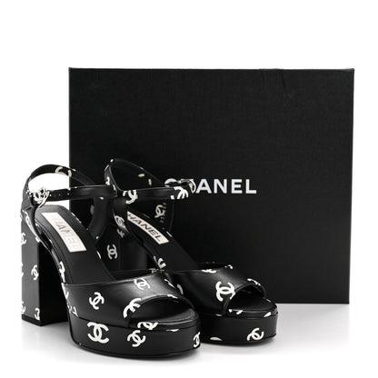 Chanel Printed Lambskin CC Platform Sandals 37 Black White 11 of 11
