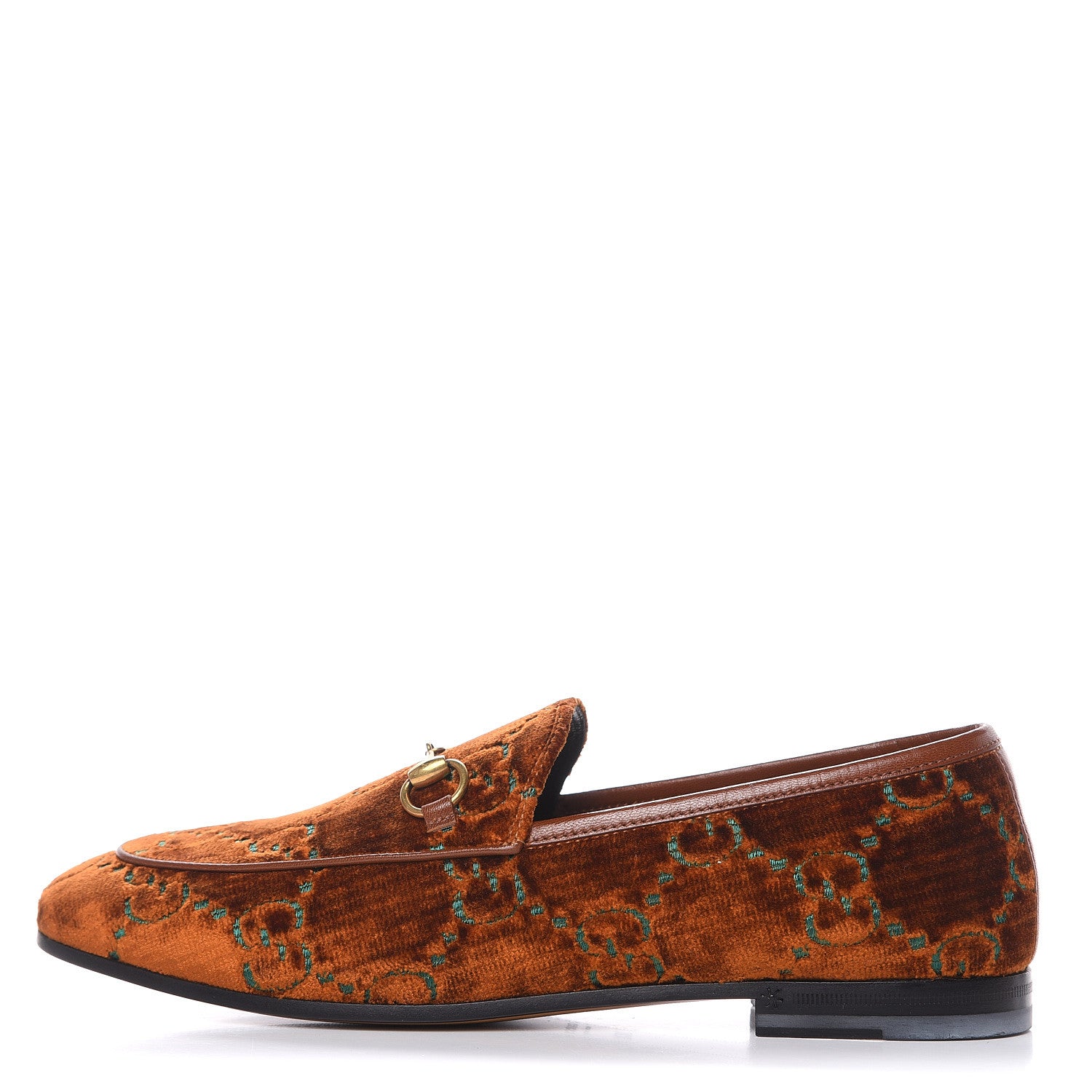 Gucci Velvet GG Monogram Horsebit Womens Jordaan Loafers 38.5 Cognac Green 1 of 11