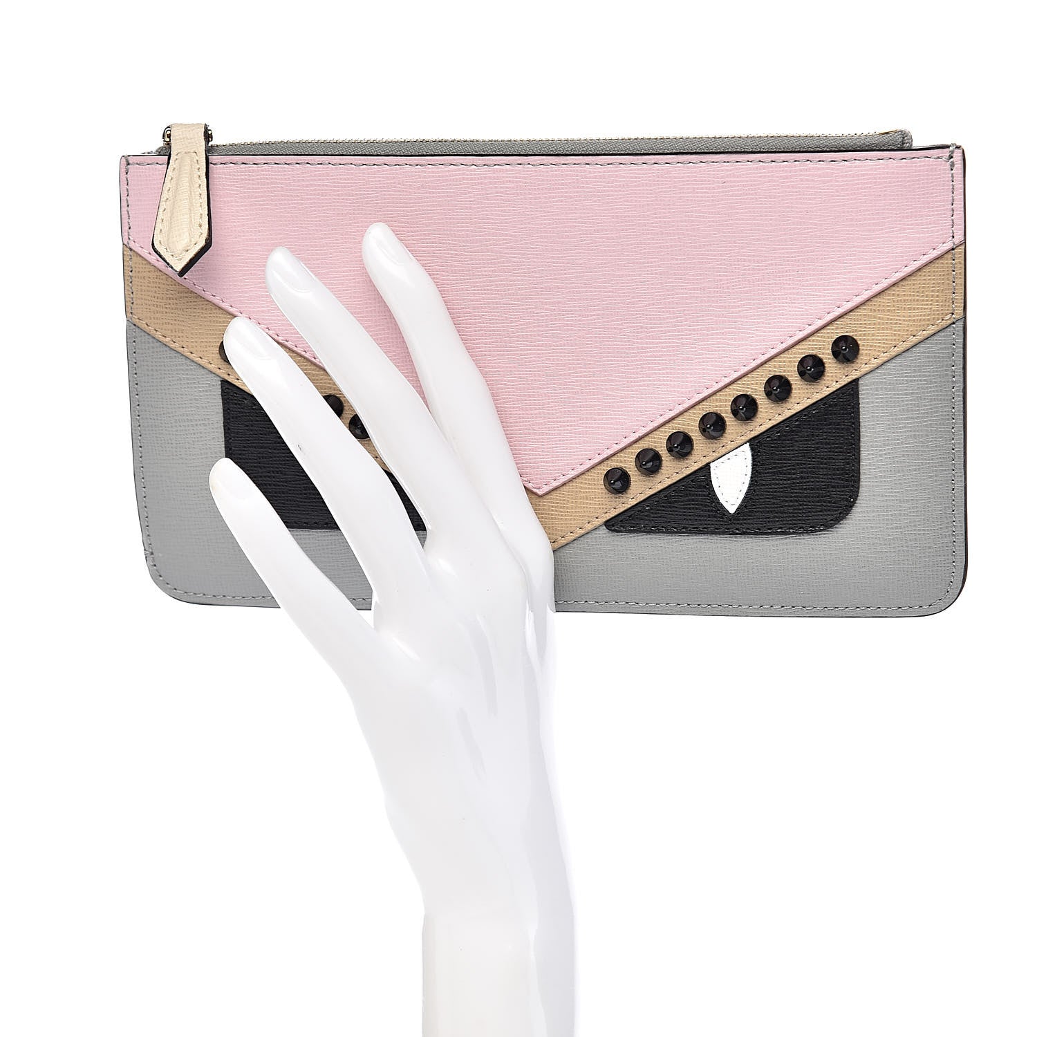 Fendi Vitello Elite Monster Eyes Studded Zip Pouch Ghiaccio Black Multicolor 2 of 8