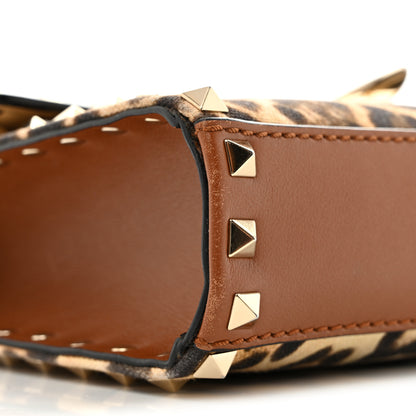 Valentino Garavani Calfskin Canvas Leopard Print Medium Rockstud Flip Lock Crossbody Bag Tan 8 of 12