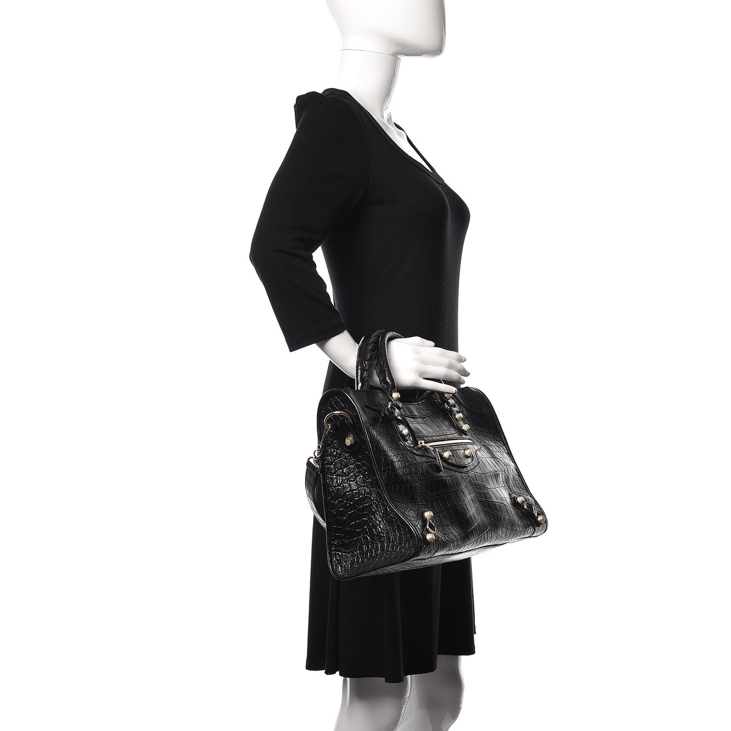 Calfskin Crocodile Embossed Giant 12 Gold Hardware City Black