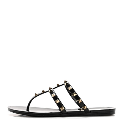 Valentino Garavani PVC Jelly Rockstud Caged Flat Thong Sandals 38 Black 1 of 8