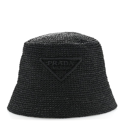 Prada Yarn Raffia Effect Crochet Logo Embroidered Womens Bucket Hat S Black 3 of 8