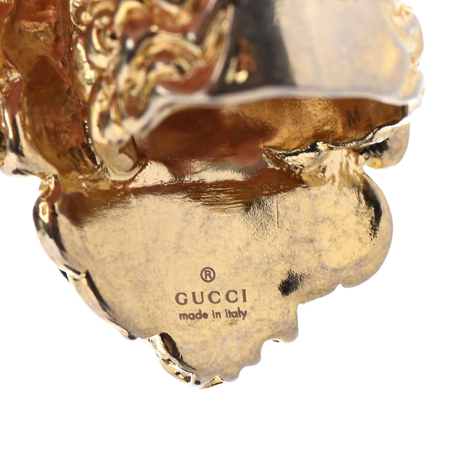 Metal Crystal Lion Head Ring Green 8.25 Aged Gold