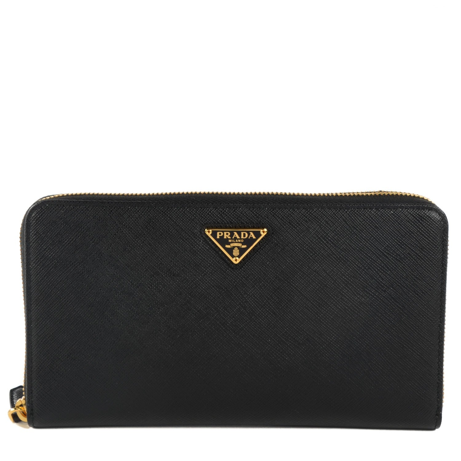 Prada Saffiano Triangle Large Zip Around Travel Wallet Nero Black 1 of 6