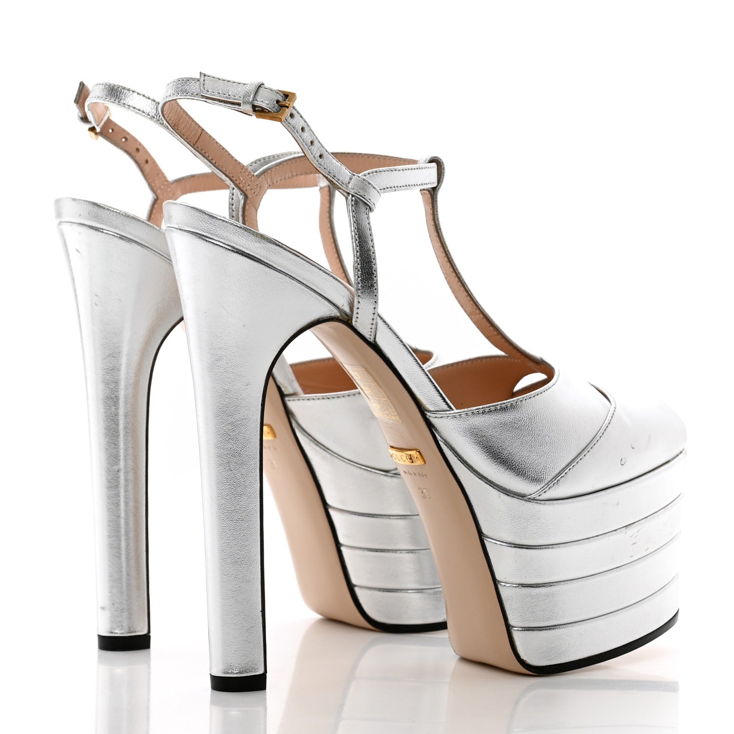 Metallic Nappa T Strap Platform Pumps 36 Argento