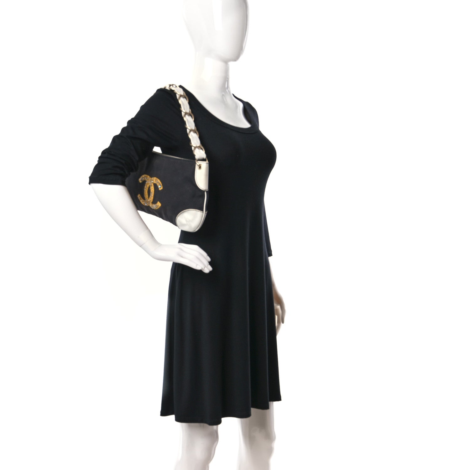 Chanel Lambskin Canvas Beaded CC Olsen Chain Small Shoulder Bag Black White 2 of 9