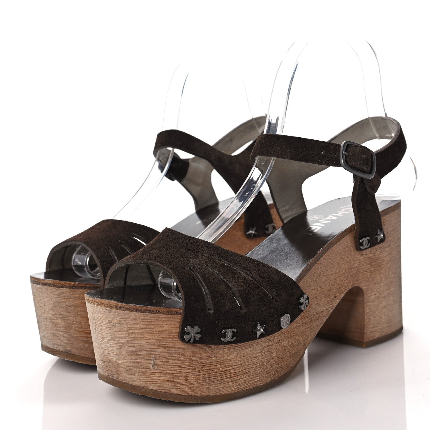 Chanel Suede Wooden Studded Platform Sandals 37 Brown 3 of 11