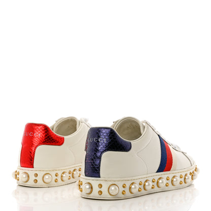 Gucci Calfskin Ayers Web Pearl Studded Womens Ace Sneakers 37 White 4 of 11