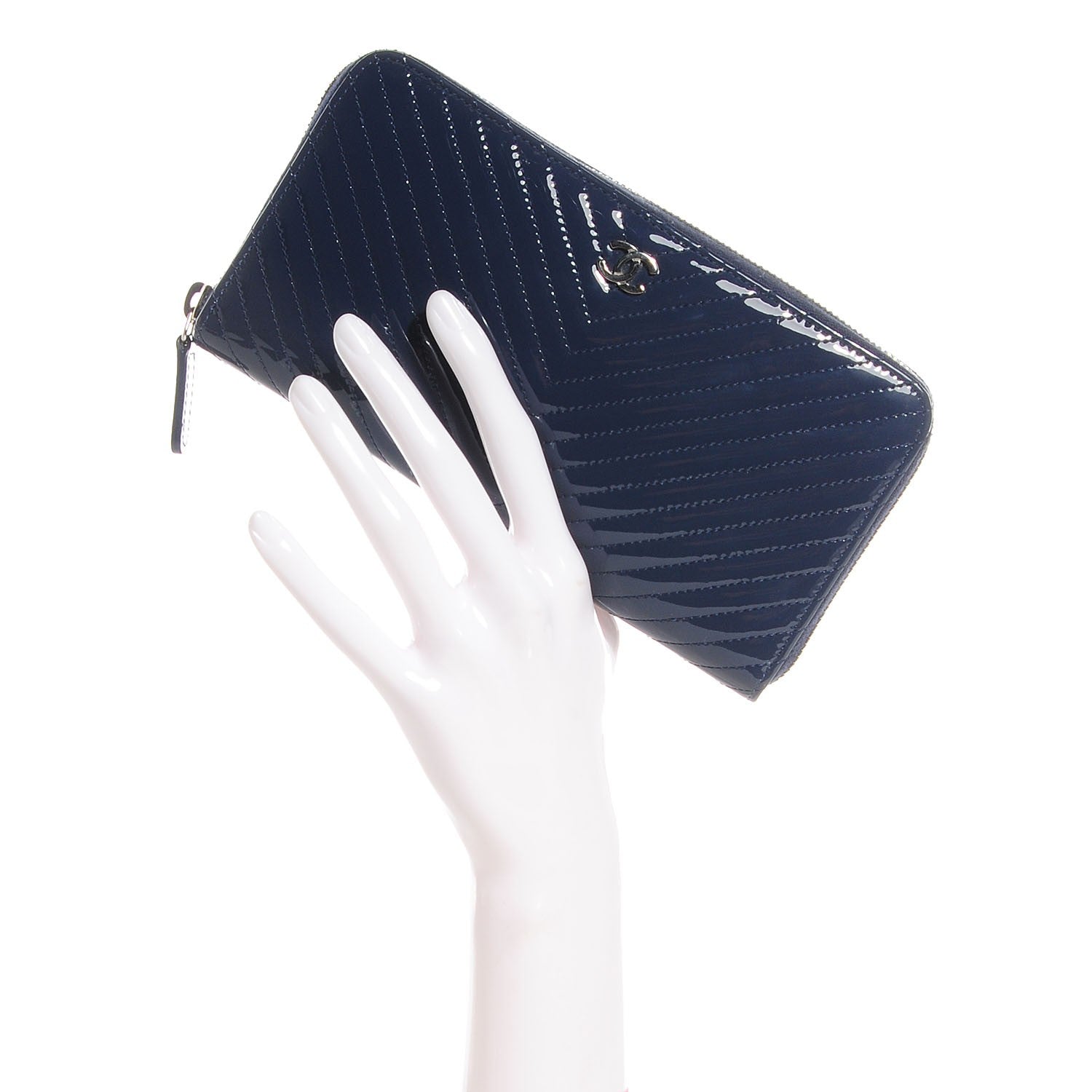 Chanel Patent Chevron Zip Around Wallet Blue 2 of 8
