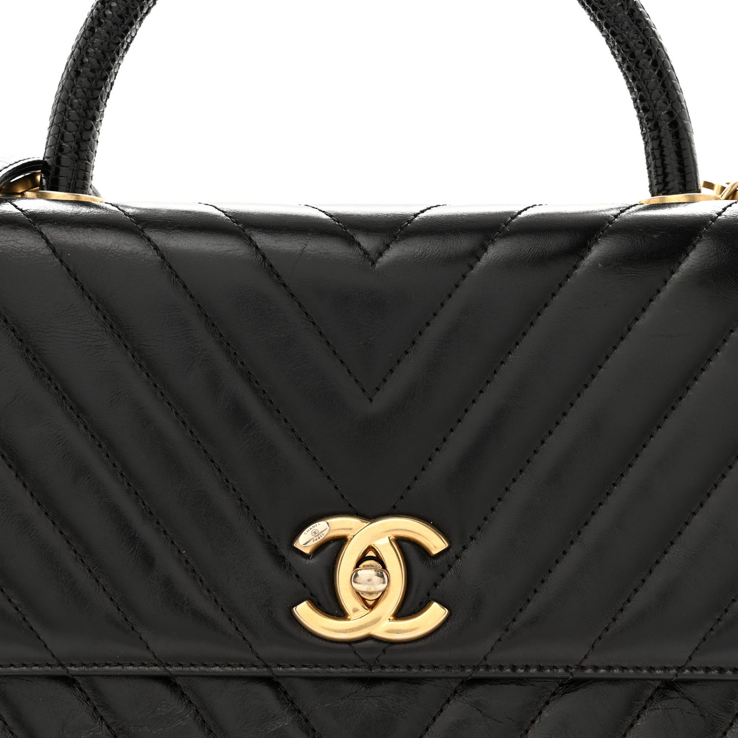 Calfskin Lizard Chevron Quilted Small Coco Handle Flap Black