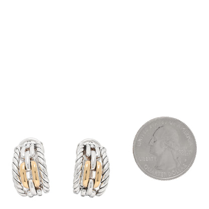 David Yurman 18K Yellow Gold Sterling Silver Wellesley Link Hoop Clip On Earrings 2 of 4