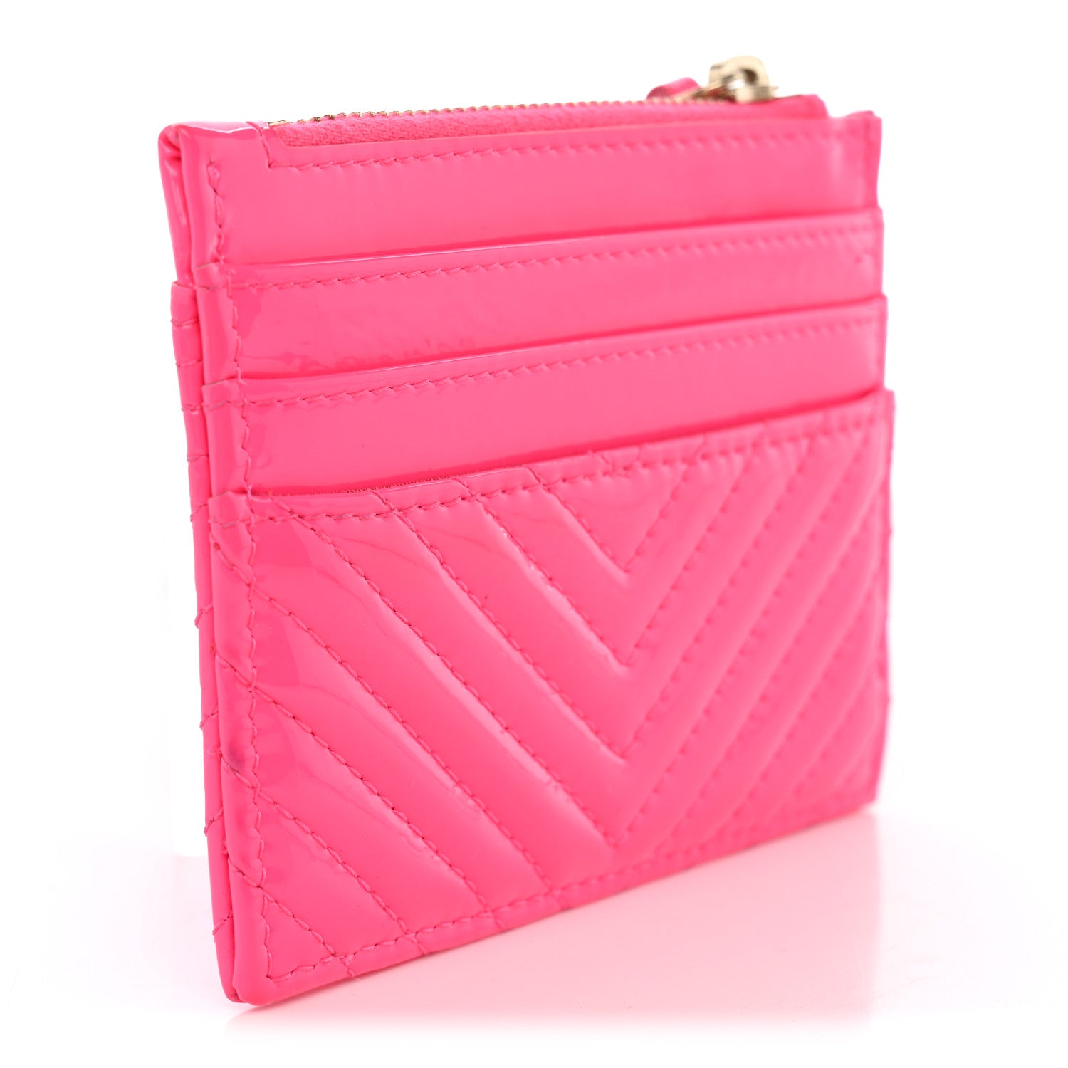 Chanel Patent Chevron Quilted Boy Zip Card Holder Neon Pink 3 of 9