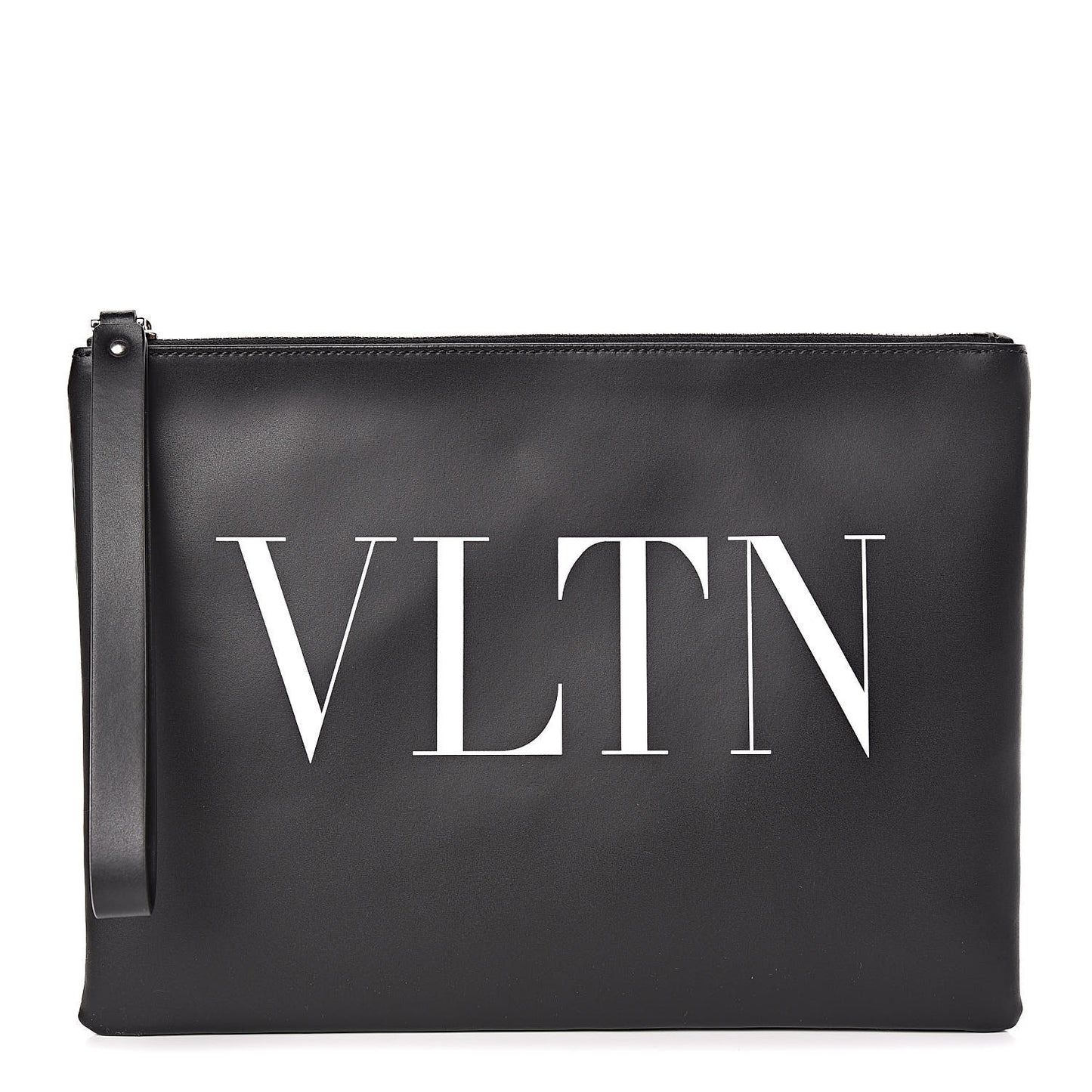 Calfskin VLTN Large Zip Wristlet Pouch Black White