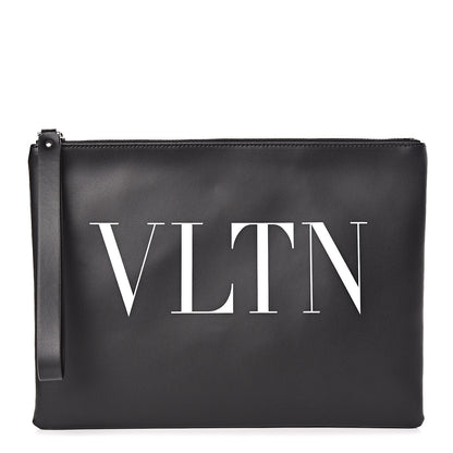 Valentino Garavani Calfskin VLTN Large Zip Wristlet Pouch Black White 1 of 6