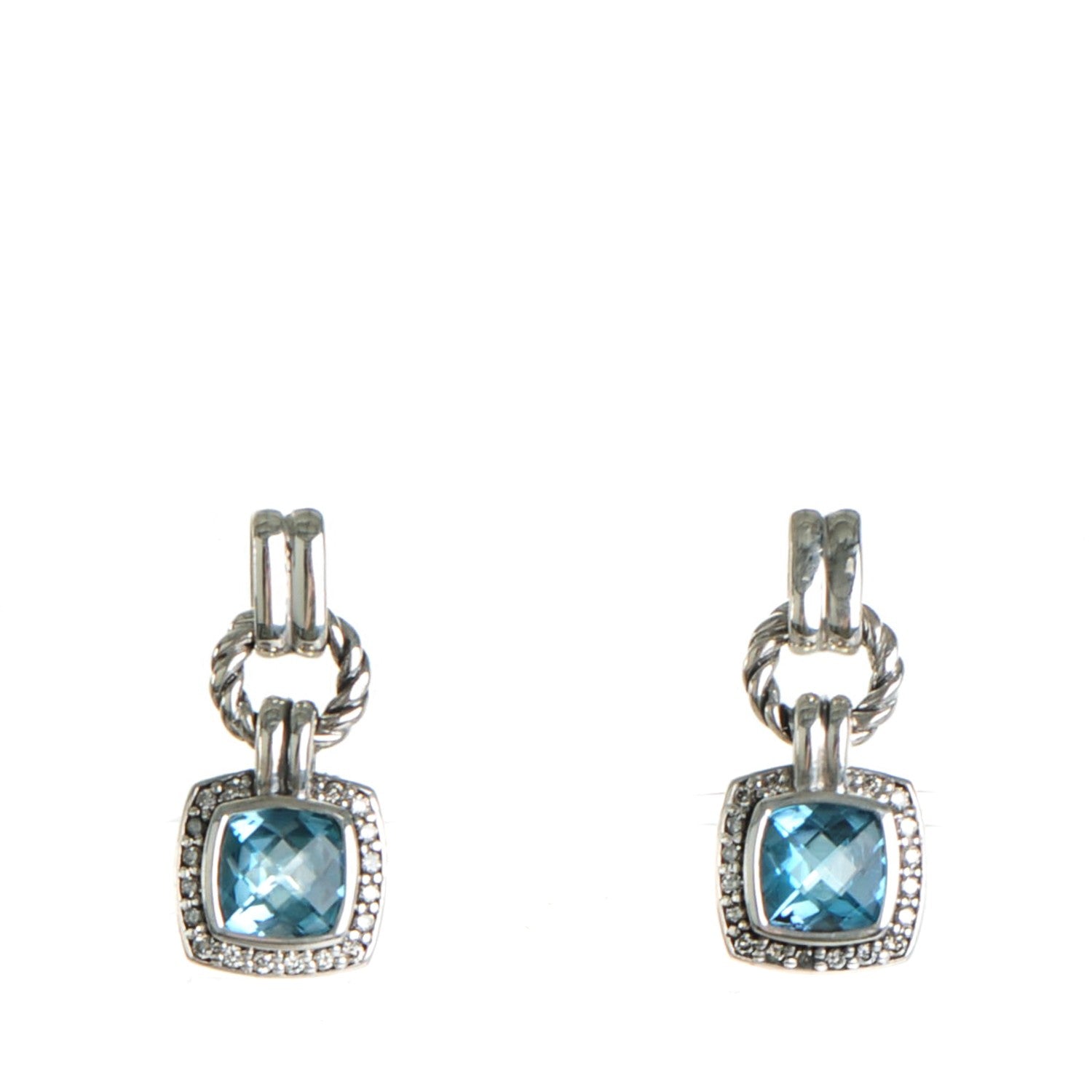 David Yurman Sterling Silver Diamond Blue Topaz 7mm Renaissance Drop Earrings 1 of 7