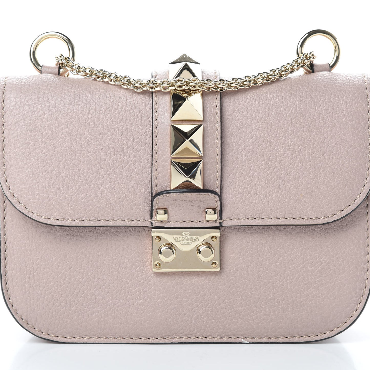 Pebbled Calfskin Small Glam Lock Rockstud Flap Poudre