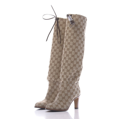 Gucci Monogram Lisa Mid Heel Boots 35 Beige Ebony 3 of 9