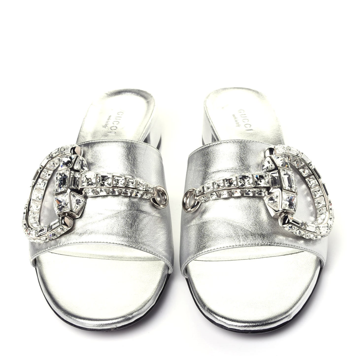 Metallic Nappa Crystal Maxine Horsebit Slide Sandals 37.5 Silver