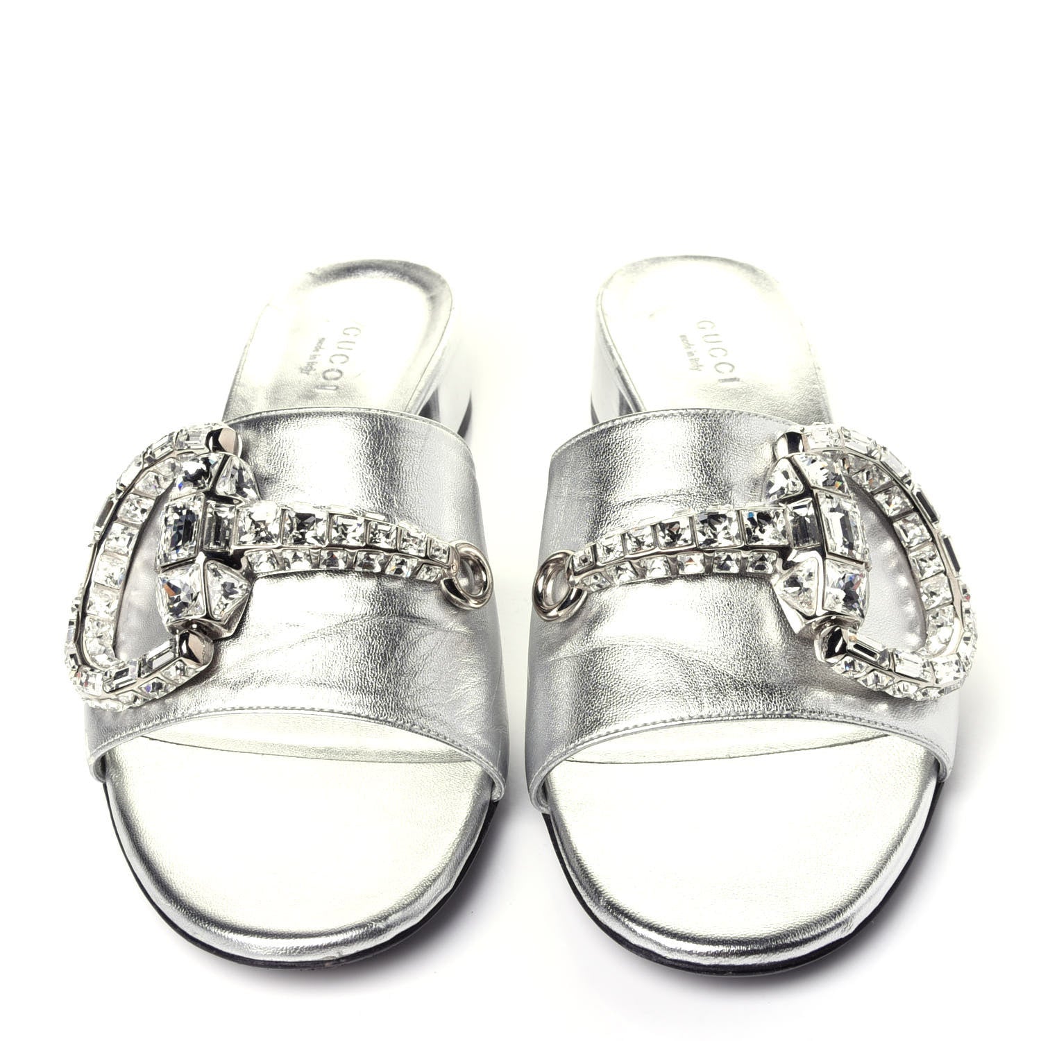 Gucci Metallic Nappa Crystal Maxine Horsebit Slide Sandals 37.5 Silver 5 of 12