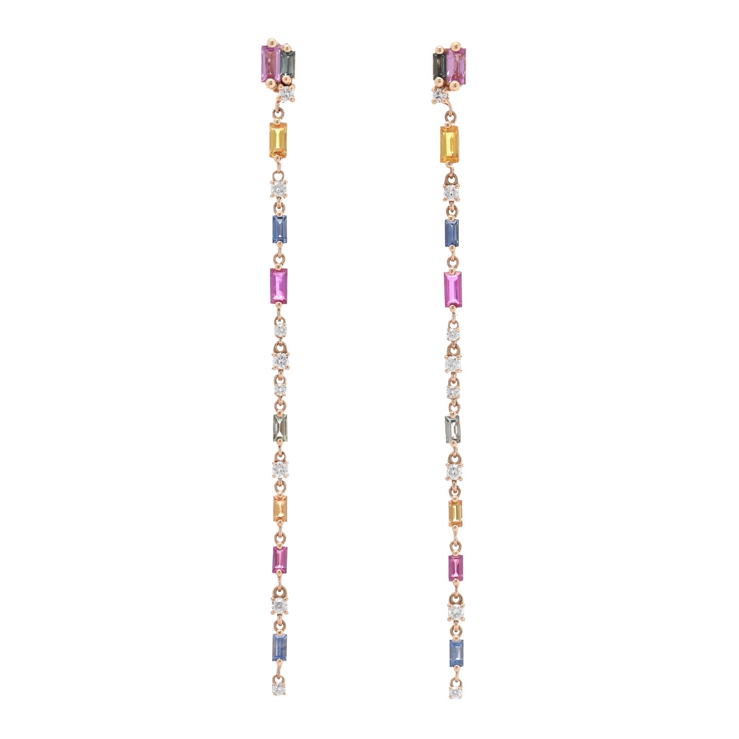 Suzanne Kalan 18K Rose Gold Diamond Sapphire Fireworks Rainbow Linear Drop Earrings 1 of 5