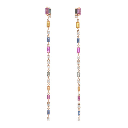Suzanne Kalan 18K Rose Gold Diamond Sapphire Fireworks Rainbow Linear Drop Earrings 1 of 5