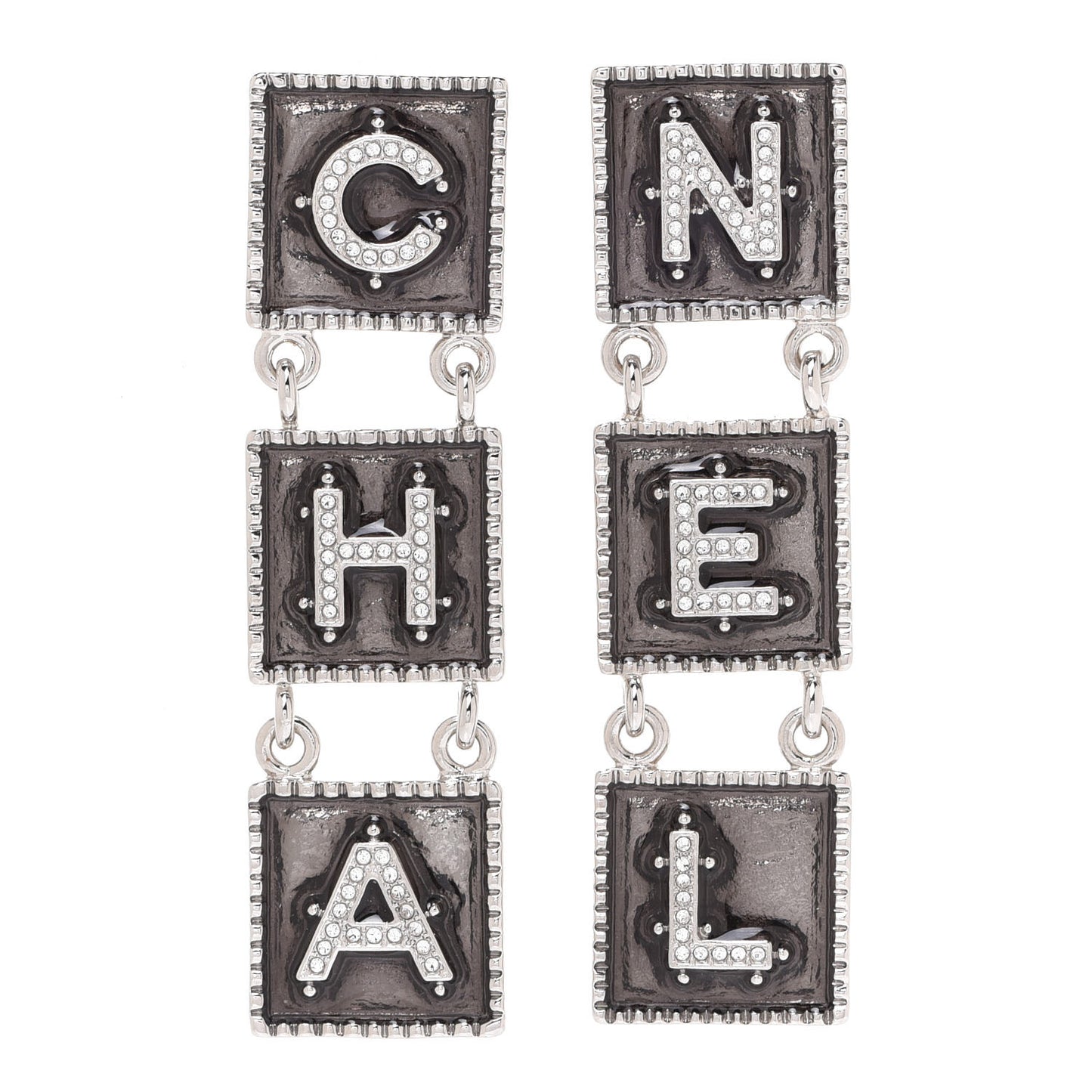 Metal Crystal Cha-Nel Logo Drop Earrings Silver