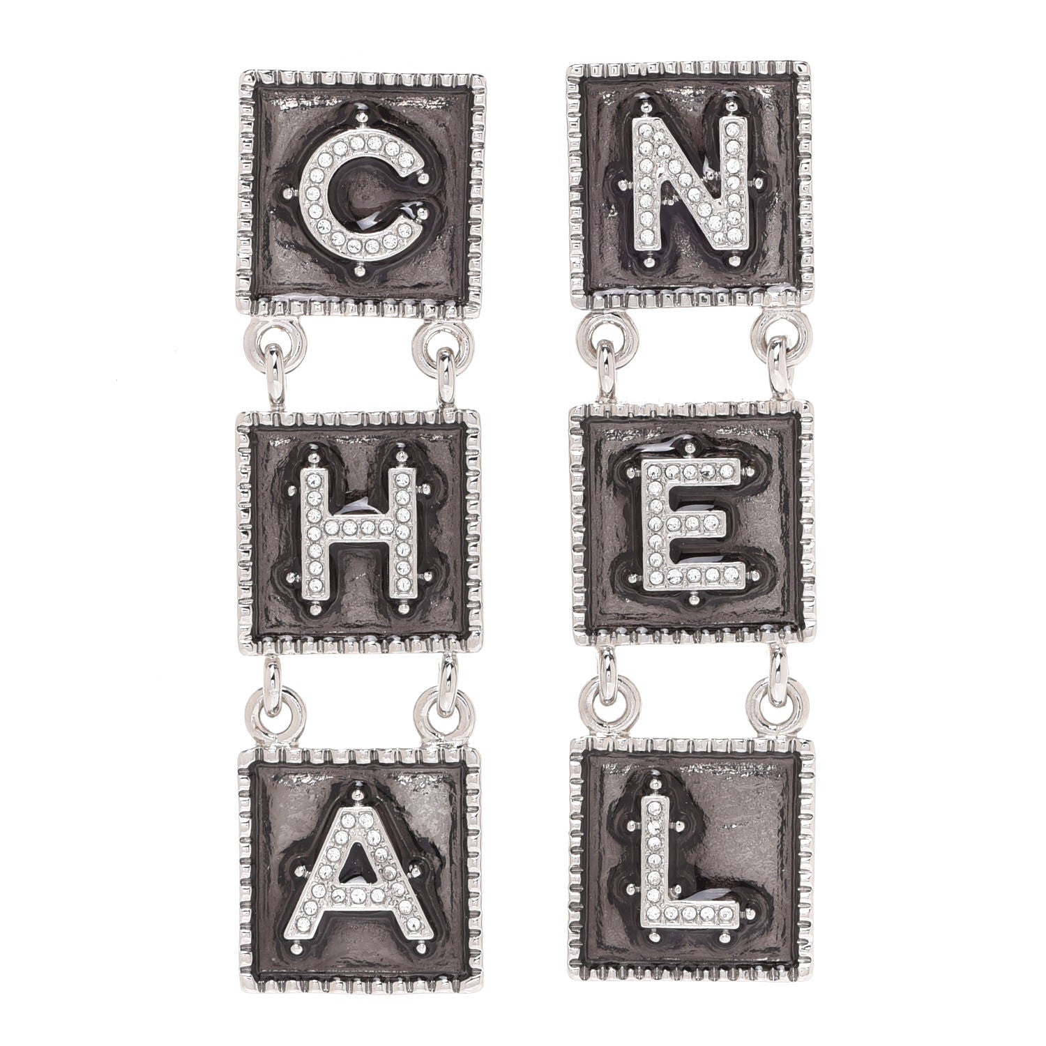 Chanel Metal Crystal Cha-Nel Logo Drop Earrings Silver 1 of 5