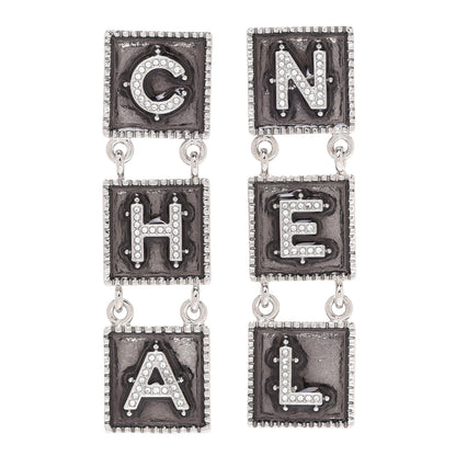 Chanel Metal Crystal Cha-Nel Logo Drop Earrings Silver 1 of 5