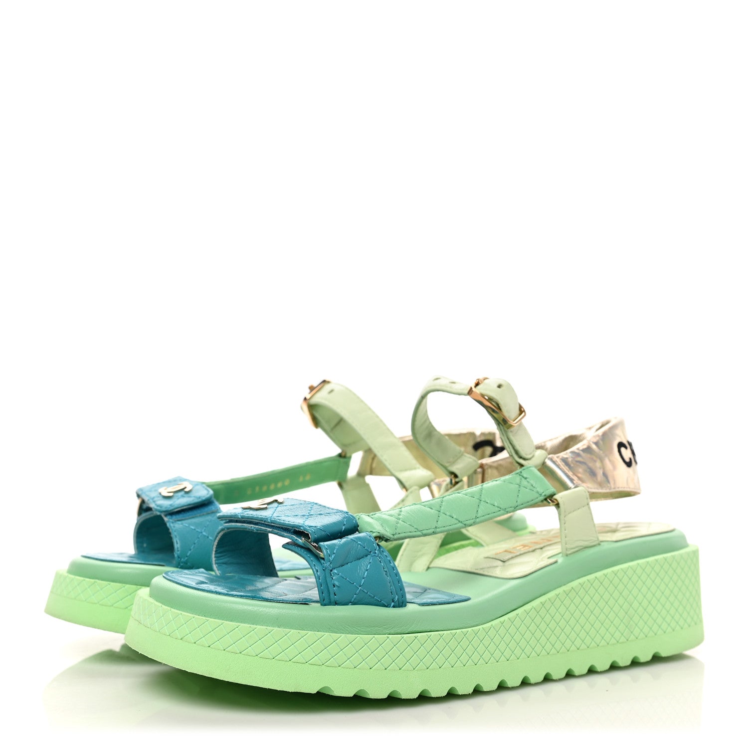 Chanel Lambskin Logo Platform Sandals 38 Turquoise Green Gold 3 of 9