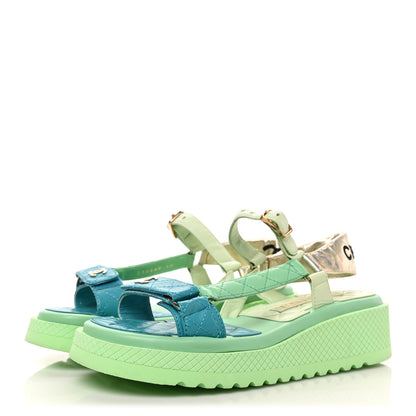 Chanel Lambskin Logo Platform Sandals 38 Turquoise Green Gold 3 of 9