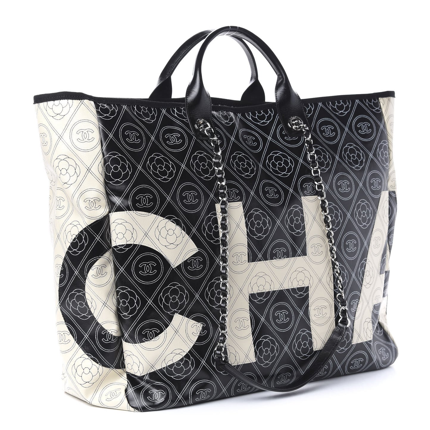 Coated Canvas Camellia Large Shopping Tote Black Beige