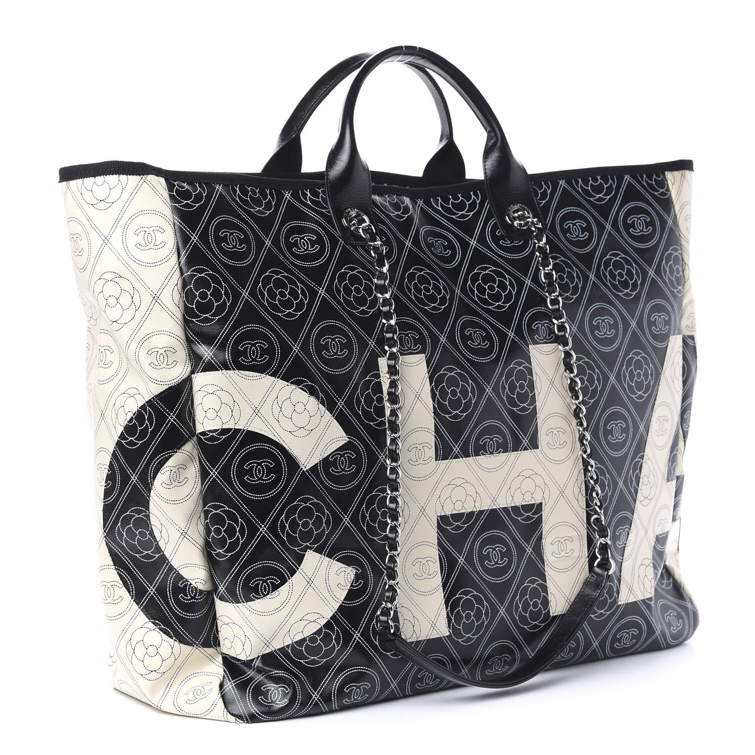 Chanel Coated Canvas Camellia Large Shopping Tote Black Beige 4 of 11