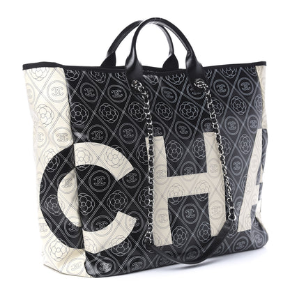 Chanel Coated Canvas Camellia Large Shopping Tote Black Beige 4 of 11
