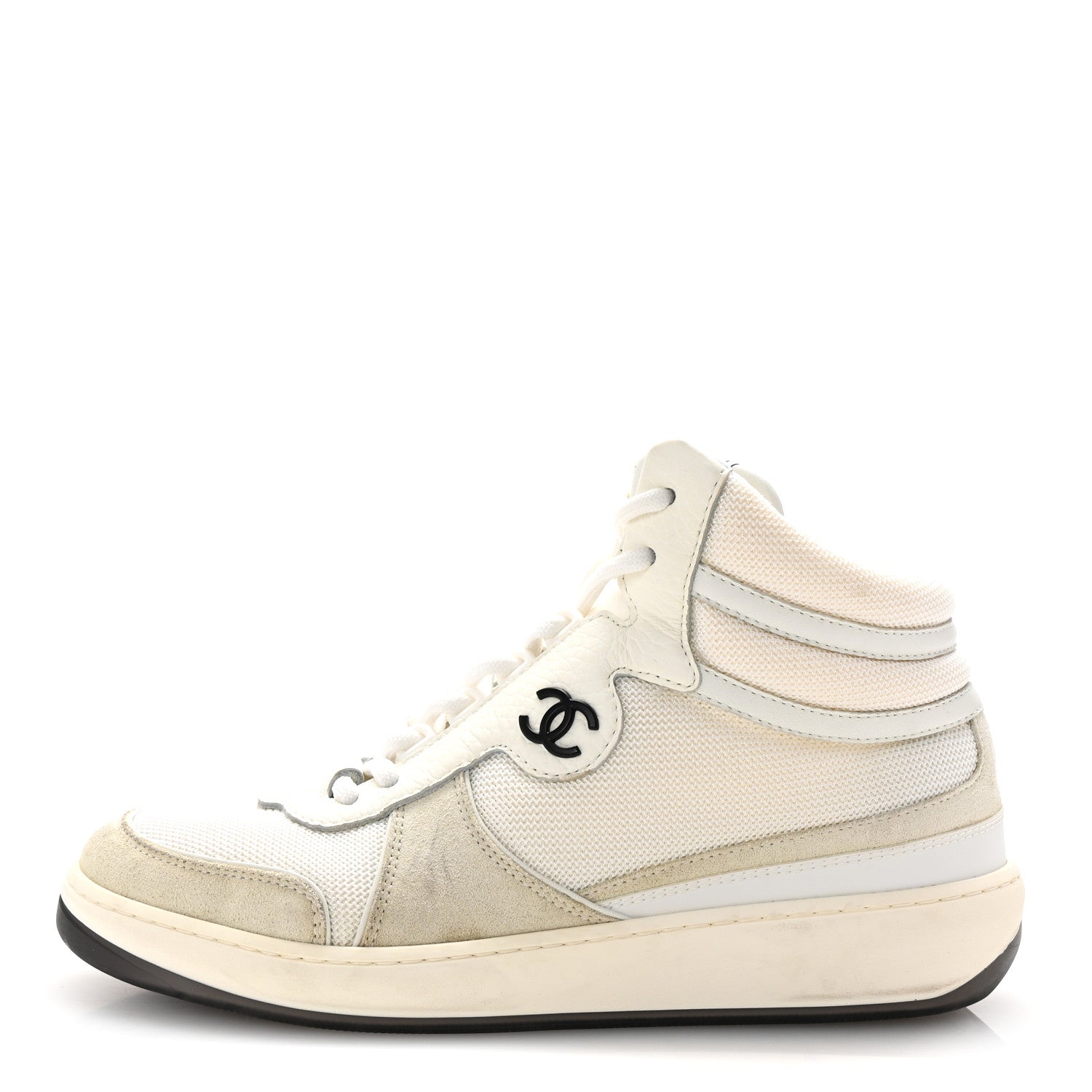 Chanel Suede Fabric Grained Calfskin Womens CC High Top Sneakers 38.5 White 1 of 10