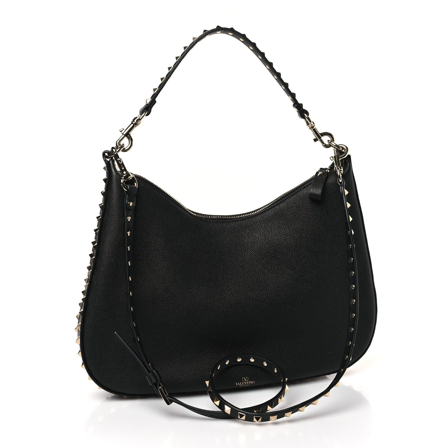Grained Calfskin Rockstud Hobo Bag Black