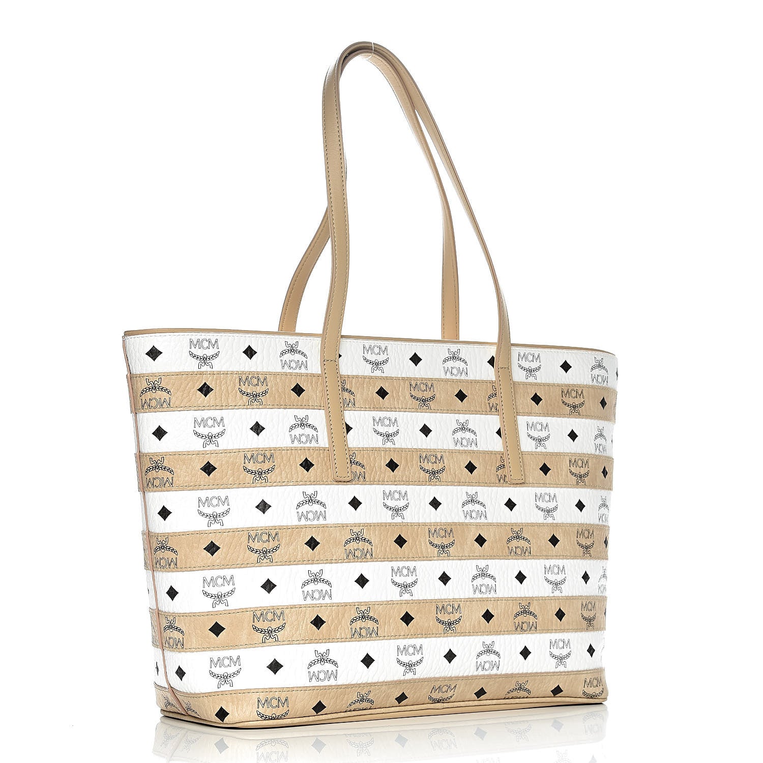 MCM Visetos Spot Stripped Medium Shopping Tote Beige White 3 of 10
