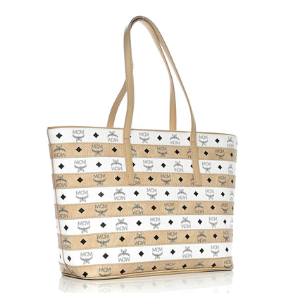 MCM Visetos Spot Stripped Medium Shopping Tote Beige White 3 of 10