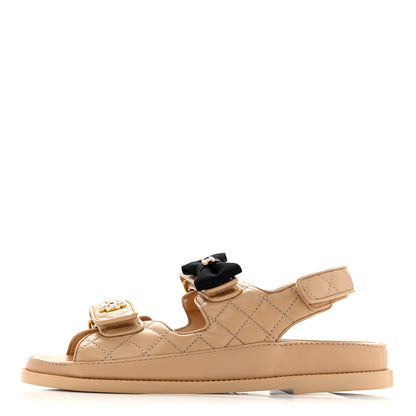 Chanel Lambskin Velcro CC Pearl Bow Dad Sandals 38 Beige 1 of 12