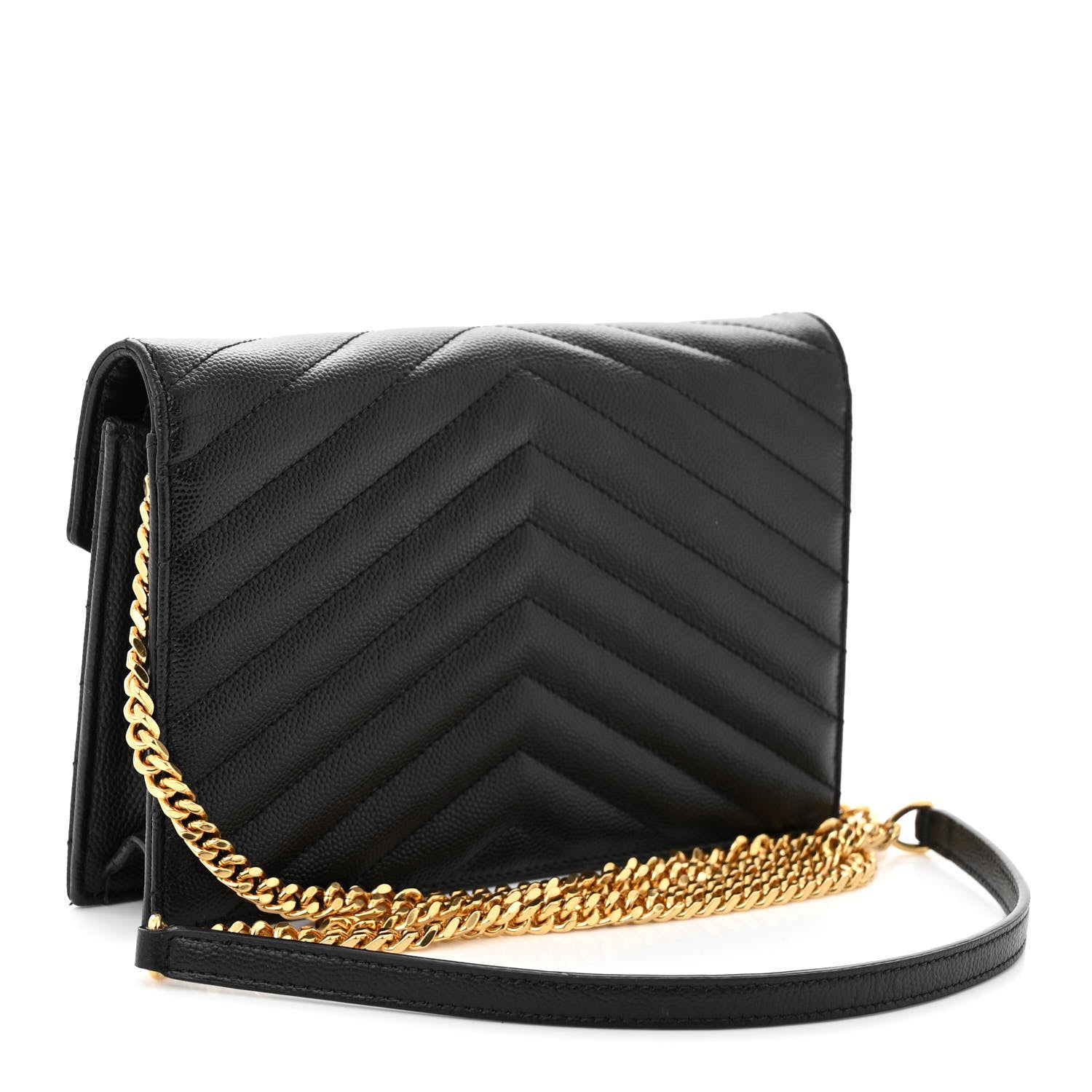 Saint Laurent Grain De Poudre Matelasse Chevron Monogram Envelope Chain Wallet Black 3 of 11