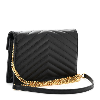 Saint Laurent Grain De Poudre Matelasse Chevron Monogram Envelope Chain Wallet Black 3 of 11