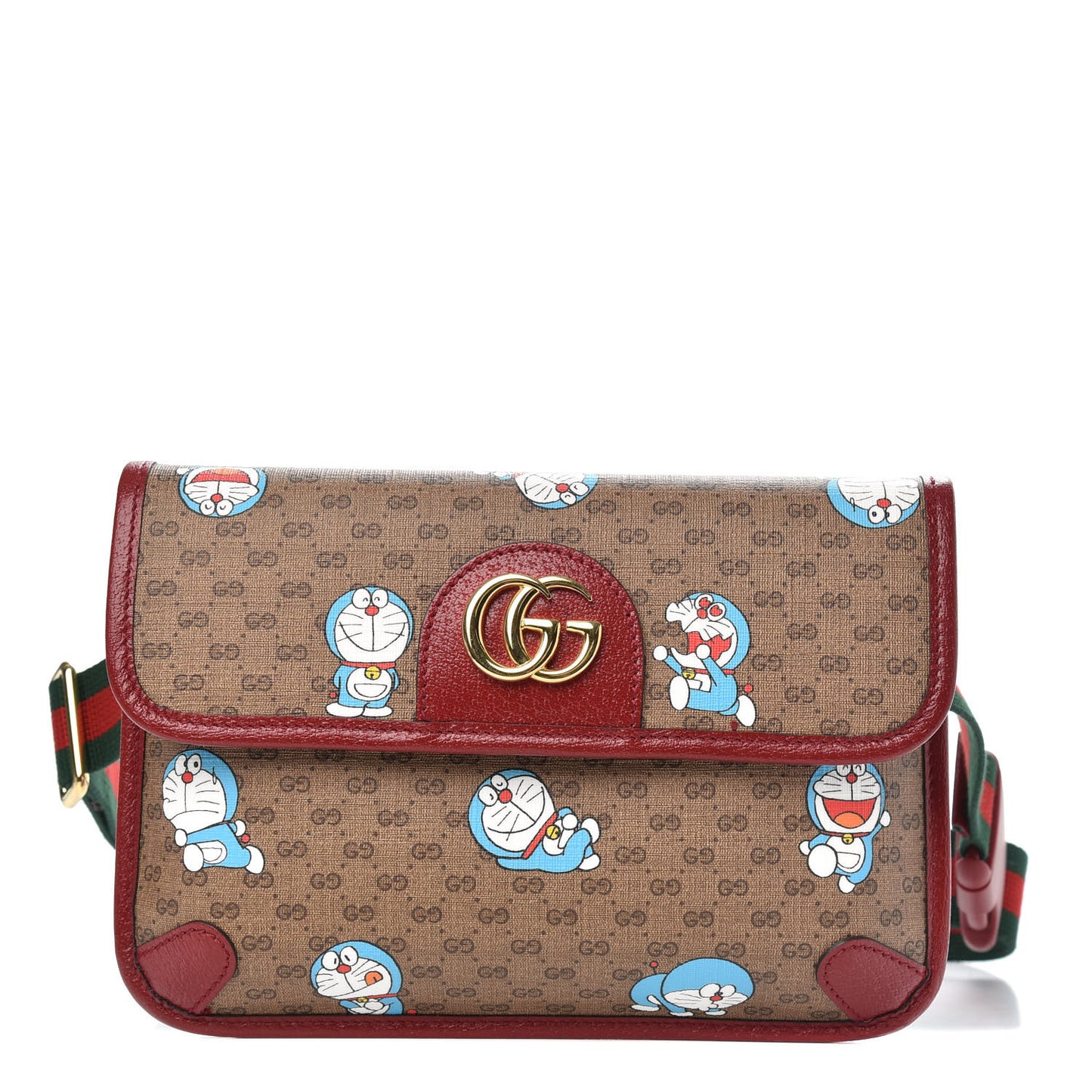 X DORAEMON Mini Vintage GG Supreme Monogram Web Slim Belt Bag Beige Cherry Red